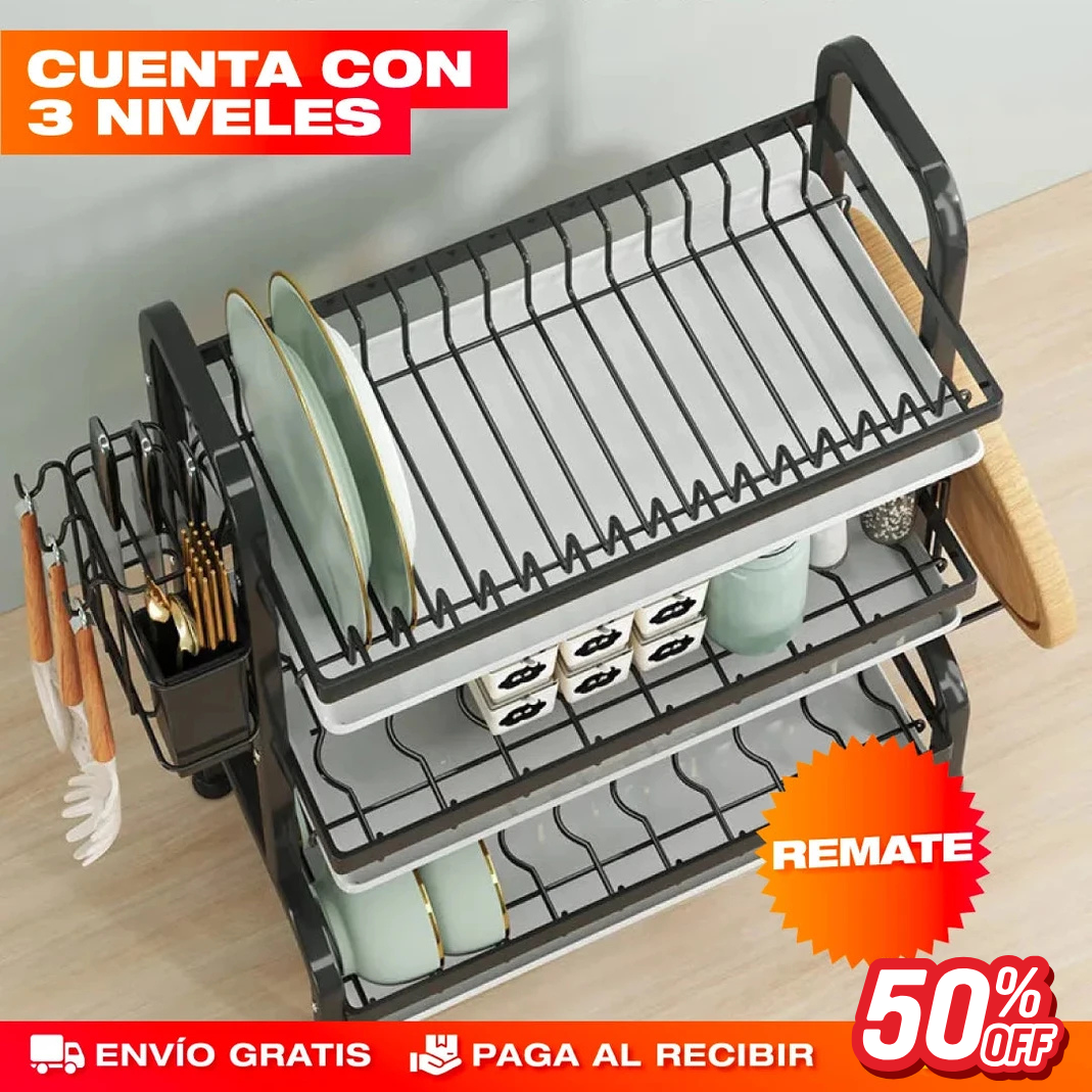 Escurridor de Platos de 3 Niveles - Mesón Seco y Platos Ordenados ·
