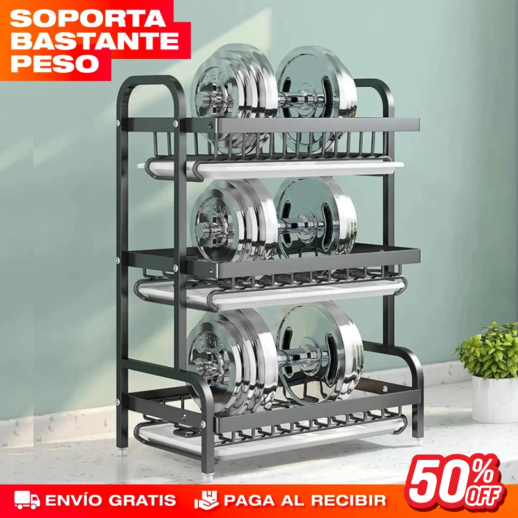 Escurridor de Platos de 3 Niveles - Mesón Seco y Platos Ordenados ·